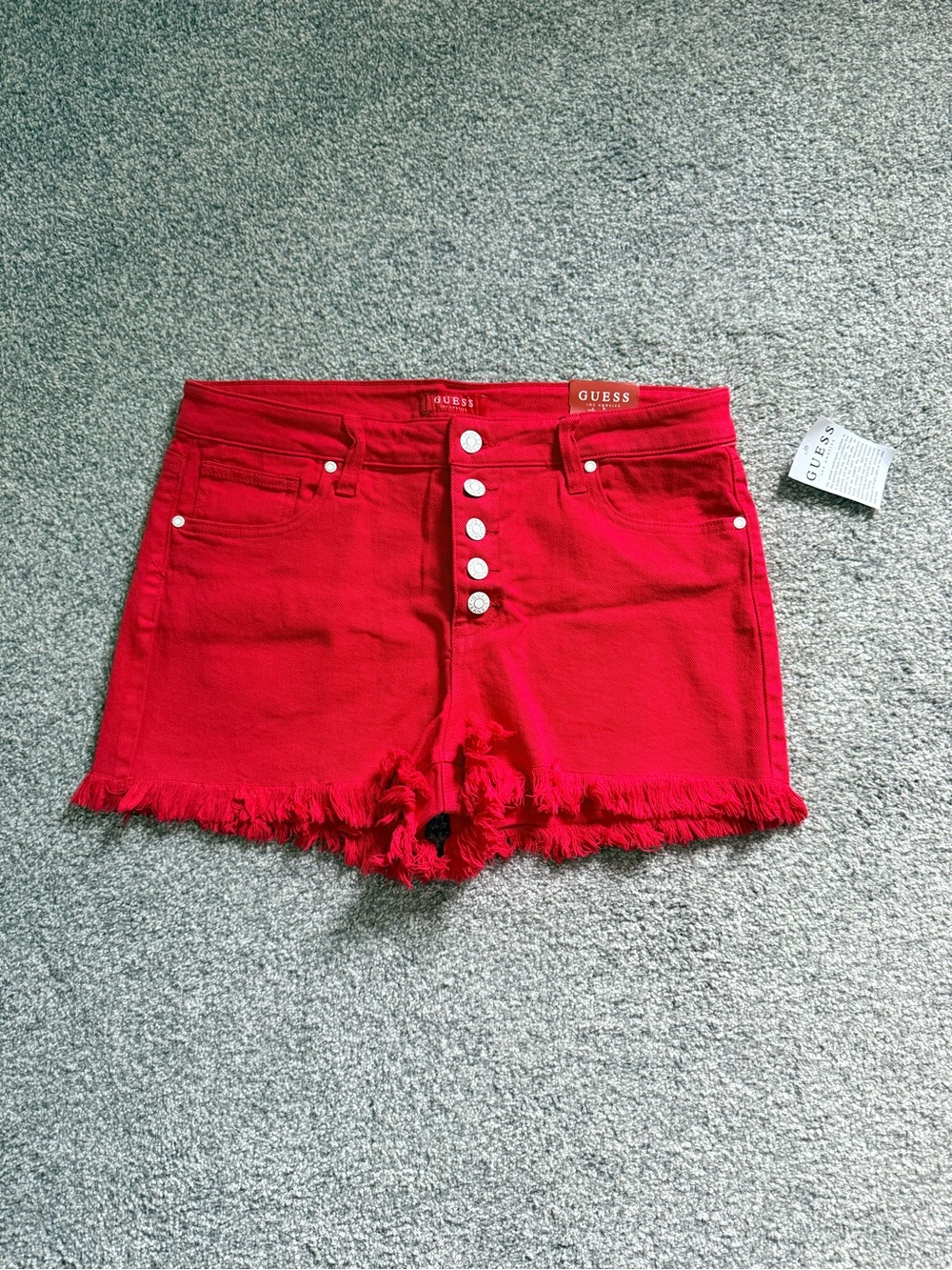 GUESS Bright Red Frayed Hem Button-Fly Denim Shorts